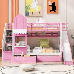 Bellemave® Castle Style Bunk Bed with 2 Drawers 3 Shelves and Slide