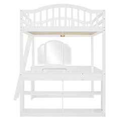 Bellemave® Full Size Wooden Loft Bed with U-shaped Desk,Storage Compartments and Tri-fold Mirror