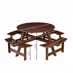 Bellemave® Outdoor 8 Person Round Picnic Table Set with 4 Built-in Benches, Umbrella Hole, Outside Table