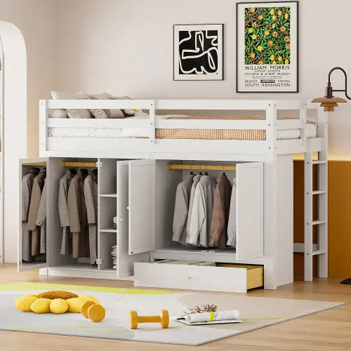 Bellemave® Twin Size Loft Bed with Drawer, Two Wardrobes and Mirror Bellemave®