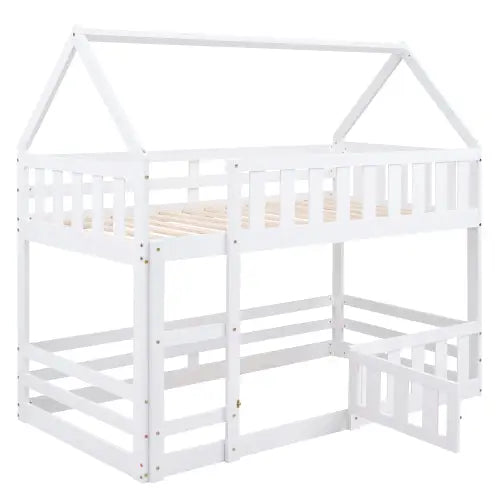 Bellemave Twin Size House Bunk Bed with Fence and Door Bellemave