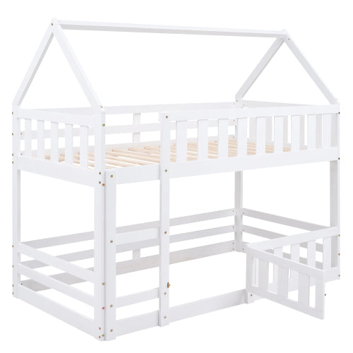 Bellemave Twin Size House Bunk Bed with Fence and Door