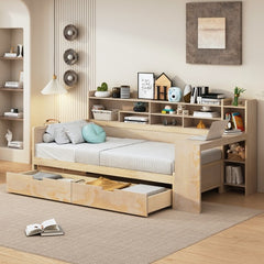 Bellemave® Twin Size Daybed with Storage Shelves， Two Storage Drawers and Study Desk