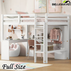 Bellemave® Loft Bed with L-shaped Desk, Wardrobe and Storage Shelves