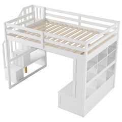 Bellemave® Full Size Loft Bed with Desk and Shelves, Two Built-in Drawers, Storage Staircase