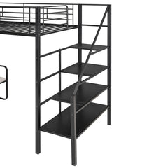 Bellemave® Twin Size Metal Loft Bed with Bench and Storage Staircase