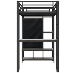 Bellemave® Twin Size Metal Loft Bed with Built-in Wardrobe, Desk and Shelves