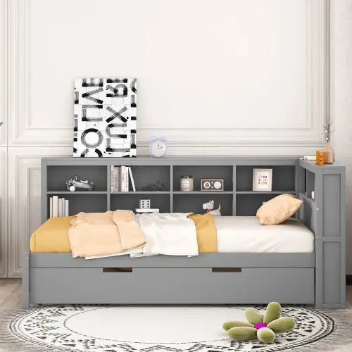 Bellemave Wooden DayBed with Trundle,Storage Shelf and USB Charging Ports Bellemave