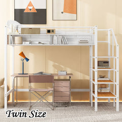 Bellemave® Metal Loft Bed with Upper Grid Storage Shelf and Lateral Storage Ladder