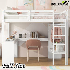 Bellemave® Loft Bed with L-shaped Desk, Wardrobe and Storage Shelves