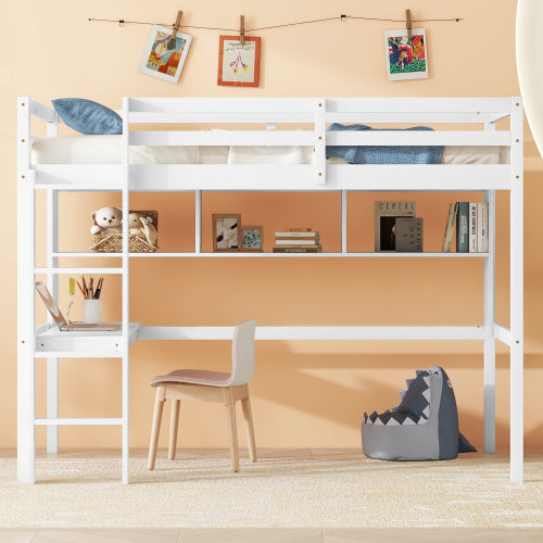 Bellemave® Twin Size Loft Bed with Built-In Desk and Bookcase of Three Compartments, Guardrails and Ladder