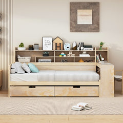 Bellemave® Twin Size Daybed with Storage Shelves， Two Storage Drawers and Study Desk