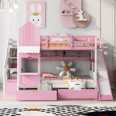 Bellemave® Castle Style Bunk Bed with 2 Drawers 3 Shelves and Slide