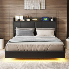 Bellemave® Queen Size Floating Upholstered Platform Bed with Storage Headboard, with Touch Sensor Night Light and USB Charger