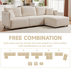 Bellemave® Modern Minimalist Corduroy Combination Sofa with 2 Comfort Cushions with USB & C Charging Ports