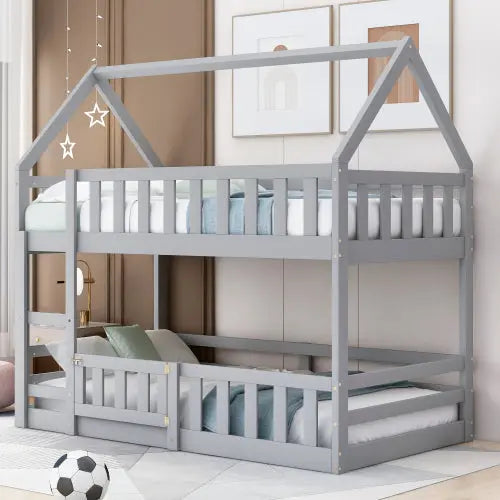 Bellemave Twin Size House Bunk Bed with Fence and Door Bellemave