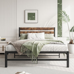 Bellemave® Metal Platform Bed with Rustic Vintage Wood Headboard, Strong Metal Slats Support Mattress Foundation