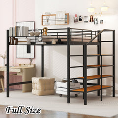 Bellemave® Metal Loft Bed with Upper Grid Storage Shelf and Lateral Storage Ladder