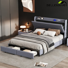 Bellemave® Queen Size Upholstered Platform Bed with Storage Headboard, LED, USB Charging and 2 Drawers