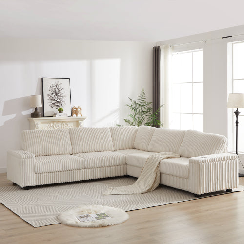 Bellemave® 110" L-Shaped Oversized Corduroy Corner Sofa with Two Storage Spaces,USB Port & T-pyce Port and Cup-Holder