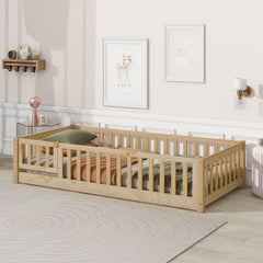 Bellemave® Twin Size Montessori Floor Bed with Fence and Door