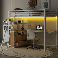 Bellemave® Twin Size Metal&Wood Loft Bed with Desk and Shelves, Two Built-in Drawers, LED Light and USB Charging Station