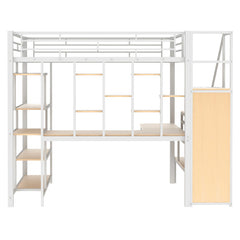 Bellemave® Full Size Metal Loft Bed with Storage Staircase and Small Wardrobe, Built-in Desk and Storage Shelves