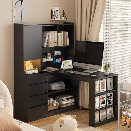 Bellemave® L-Shaped Computer Desk with Drawers, Bookshelf and Hutch, LED Light and Charger