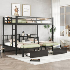 Bellemave® Full XL Over Twin & Twin Triple Bunk Bed with Drawers, Desks and Shelves In the Middle