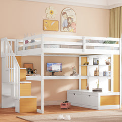 Bellemave® Full Size Loft Bed with Desk and Shelves, Two Built-in Drawers, Storage Staircase