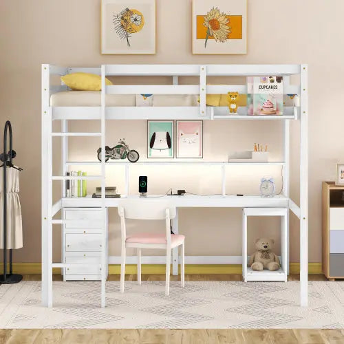 Bellemave® Loft Bed with Multi-storage Desk, LED light and Bedside Tray, Charging Station Bellemave®