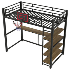 Bellemave® Twin Size Metal Loft Bed with Shelves, Desk and Basketball Hoop