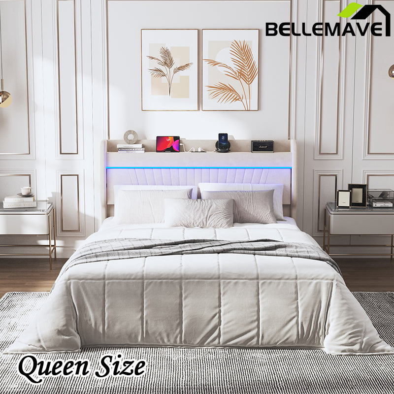 Bellemave® Queen Size Upholstered Platform Bed with Storage Upholstered Headboard and 4 Drawers,LED Lights & Charging Station