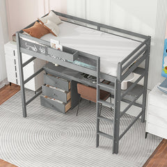 Bellemave® Twin Size Loft Bed with Desk, Blackboard and Storage Box, Shelf and 3 Drawers