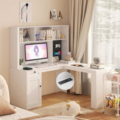 Bellemave® L-Shaped Computer Desk with Outlet, Drawers, Bookshelf, Hutch