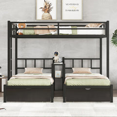 Bellemave® Full XL Over Twin & Twin Triple Bunk Bed with Drawers, Desks and Shelves In the Middle