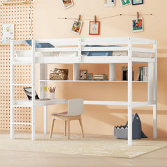 Bellemave® Twin Size Loft Bed with Built-In Desk and Bookcase of Three Compartments, Guardrails and Ladder