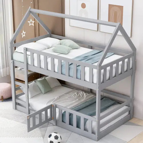 Bellemave Twin Size House Bunk Bed with Fence and Door Bellemave