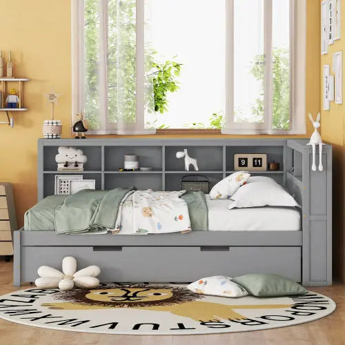 Bellemave Wooden DayBed with Trundle,Storage Shelf and USB Charging Ports Bellemave