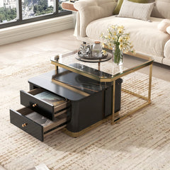 Bellemave® Modern 2 Pieces Square Nesting Coffee Table with Drawers & Electroplated Gold Legs