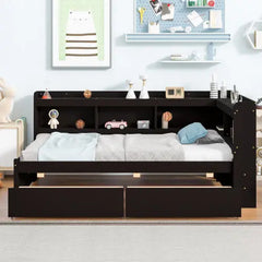 Bellemave® Wood Daybed with L-shaped Bookcases and Drawers