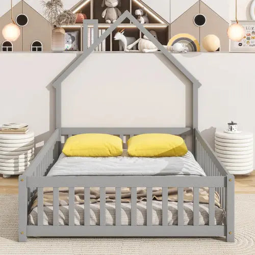 Bellemave House-Shaped Headboard Floor Bed with Fence Bellemave