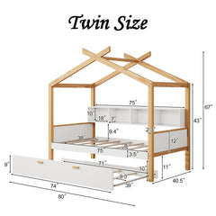 Bellemave® Twin Size Wooden House Bed with Original Wood Color Frame with Trundle Bed and Bookshelf Storage Space