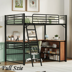 Bellemave® Metal Loft Bed with 3 Layers of Shelves and L-shaped Desk