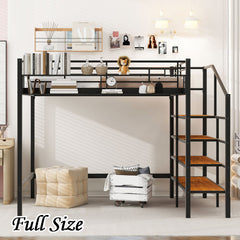 Bellemave® Metal Loft Bed with Upper Grid Storage Shelf and Lateral Storage Ladder