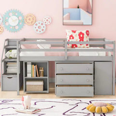 Bellemave® Loft Bed with Retractable Writing Desk and 3 Drawers, Storage Stairs and Shelves Bellemave®