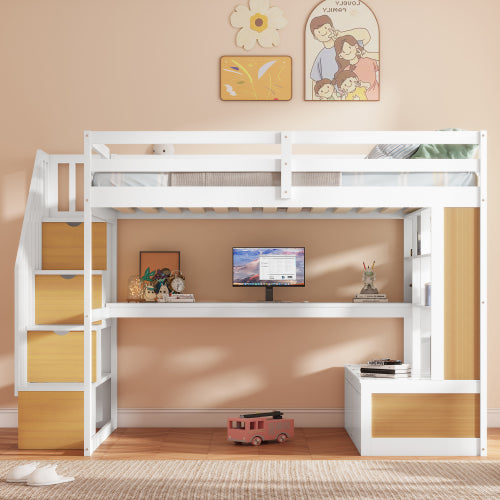 Bellemave® Full Size Loft Bed with Desk and Shelves, Two Built-in Drawers, Storage Staircase