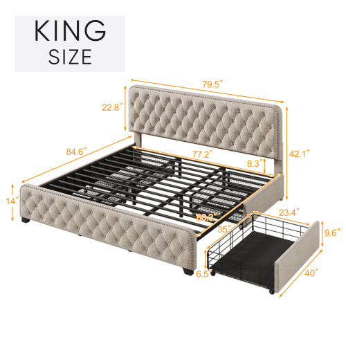 Bellemave® King Size Upholstered Platform Bed with 4 Drawers, Button Tufted Headboard and Footboard Sturdy Metal Support Bellemave®