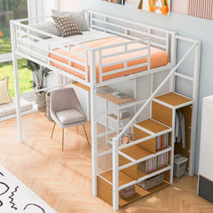 Bellemave® Full Size Metal Loft Bed with Wardrobe, Desk, Storage Shelves