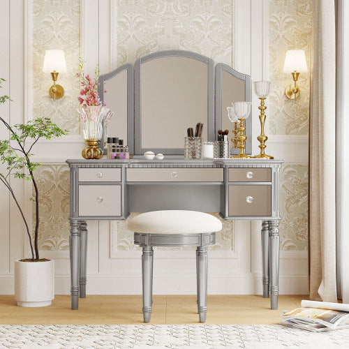 Bellemave® 43" Dressing Table Set with Mirrored Drawers and Stool, Tri-fold Mirror